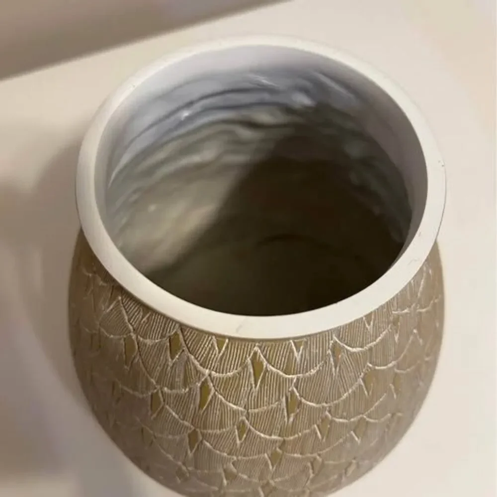 Beige White Textured Scallop Ceramic Vase Boho Coastal Modern Decor 8 1/2 in